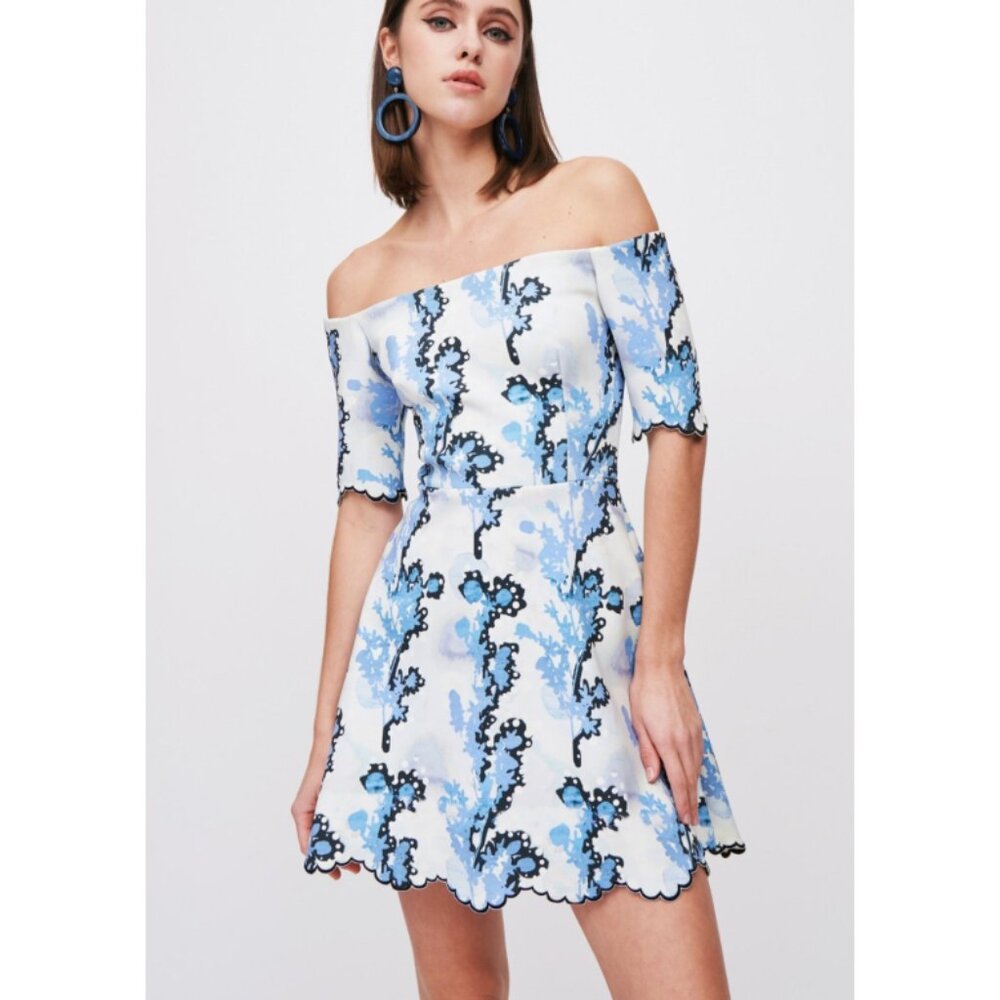 Cynthia Rowley Off-The-Shoulder Blue Ivory Fit And Flare Skater A-Line Neoprene